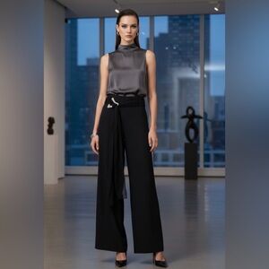 SOLANGE New York Black Wide Leg Palazzo Pants with Crystal Buckle Belt - Size 6